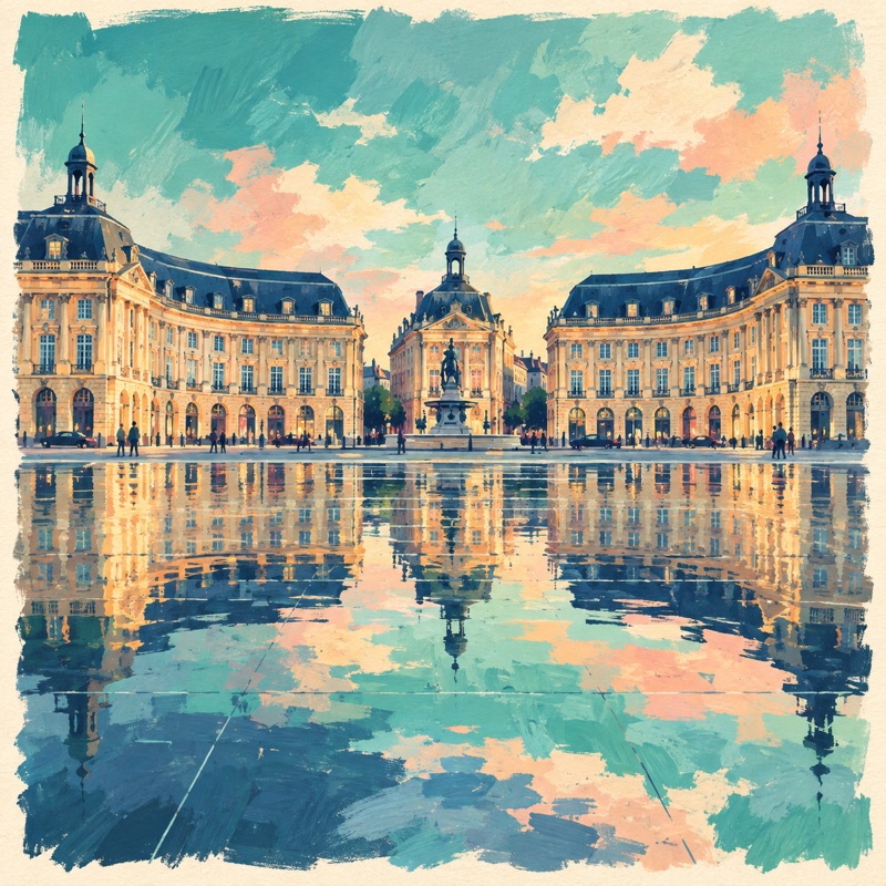 La place de la Bourse et son miroir d’eau, illustration à la gouache