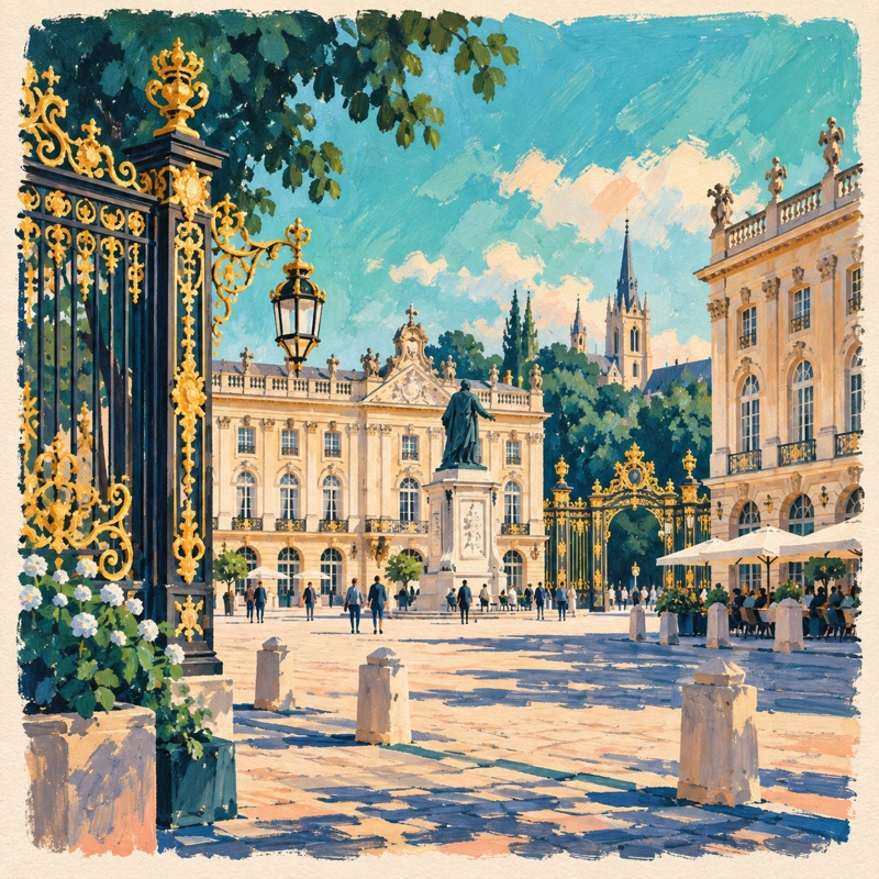 Les grilles dorées de la place Stanislas, illustration à la gouache