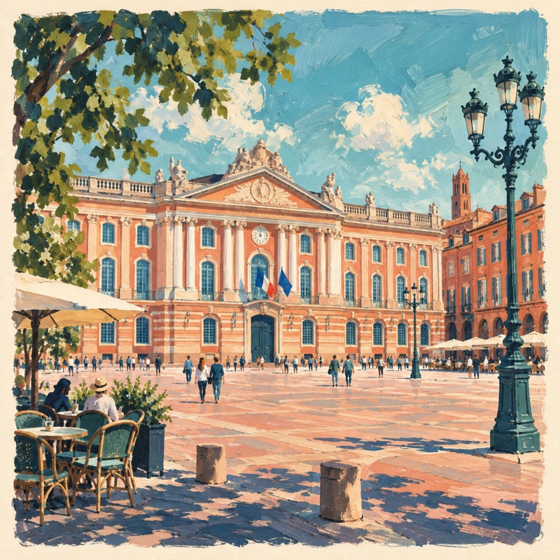 Le Capitole et ses briques roses, illustration à la gouache