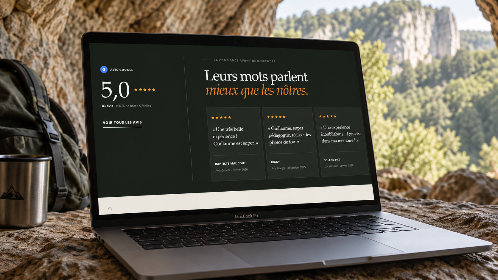 Une section intérieure de Plume Aventures sur MacBook
