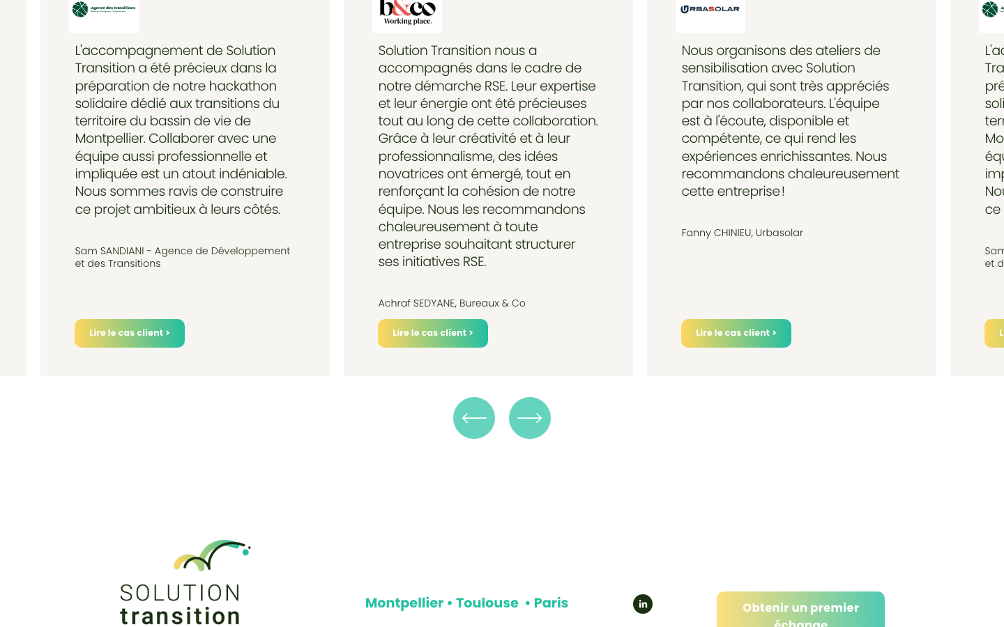L'accompagnement de Solution Transition a été précieux dans la préparation de notre hackathon solidaire dédié aux transitions du territoire du bassin de vie de Montpellier. Collaborer avec une équipe aussi professionnelle et impliquée est un atout indéniable. Nous sommes ravis de construire ce projet ambitieux à leurs côtés. — Solution Transition