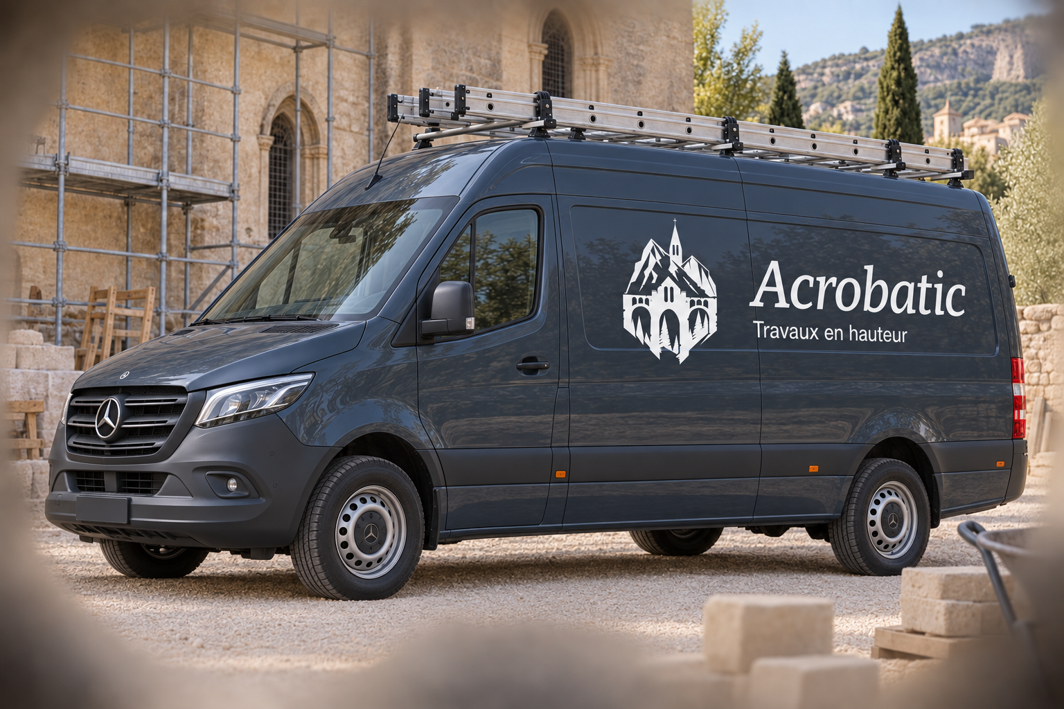 Proposition de marquage Acrobatic sur un Mercedes Sprinter L3H2 gris bleu foncé avec galerie de toit