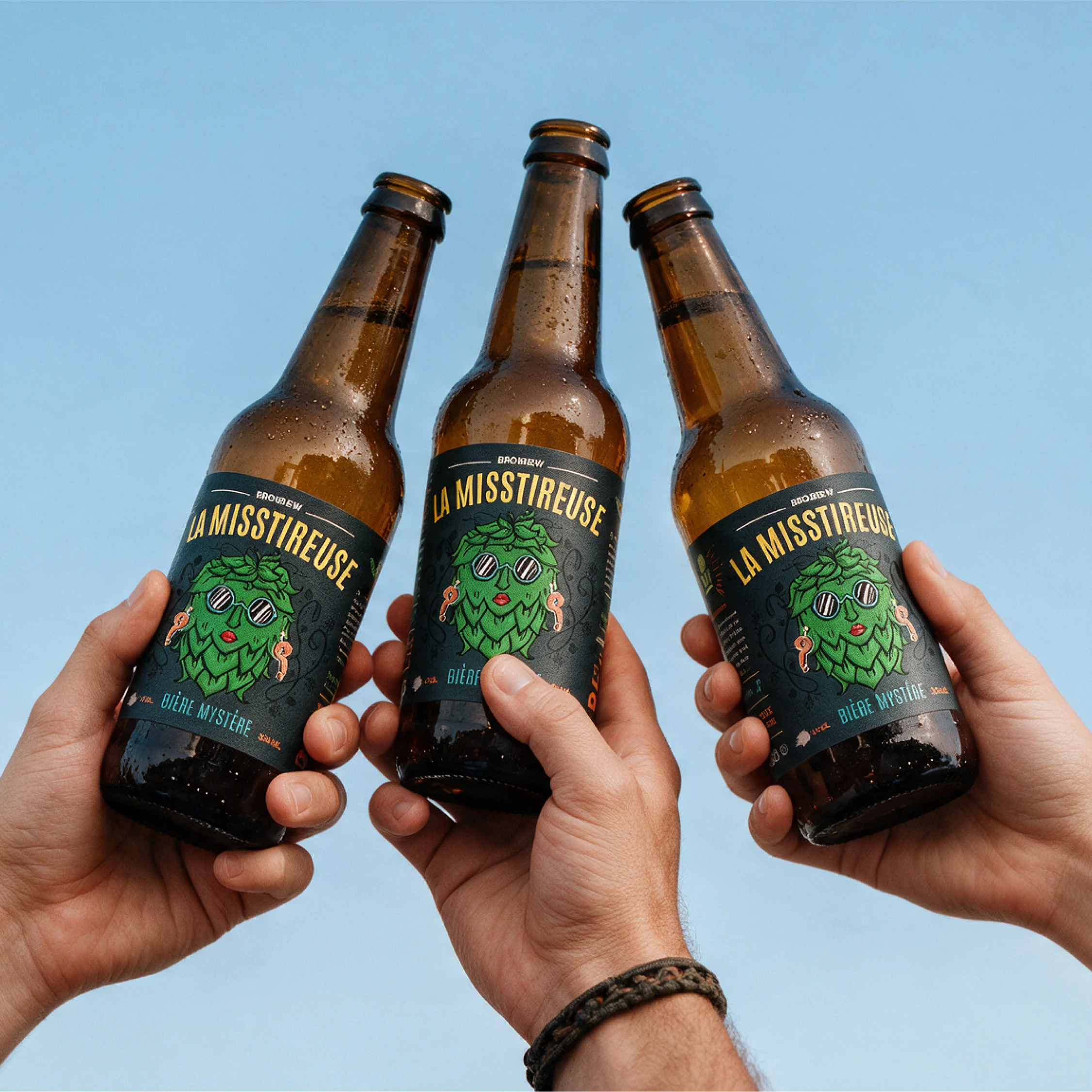 Trois bouteilles La MissTireuse de BroBrew tenues sur un ciel bleu