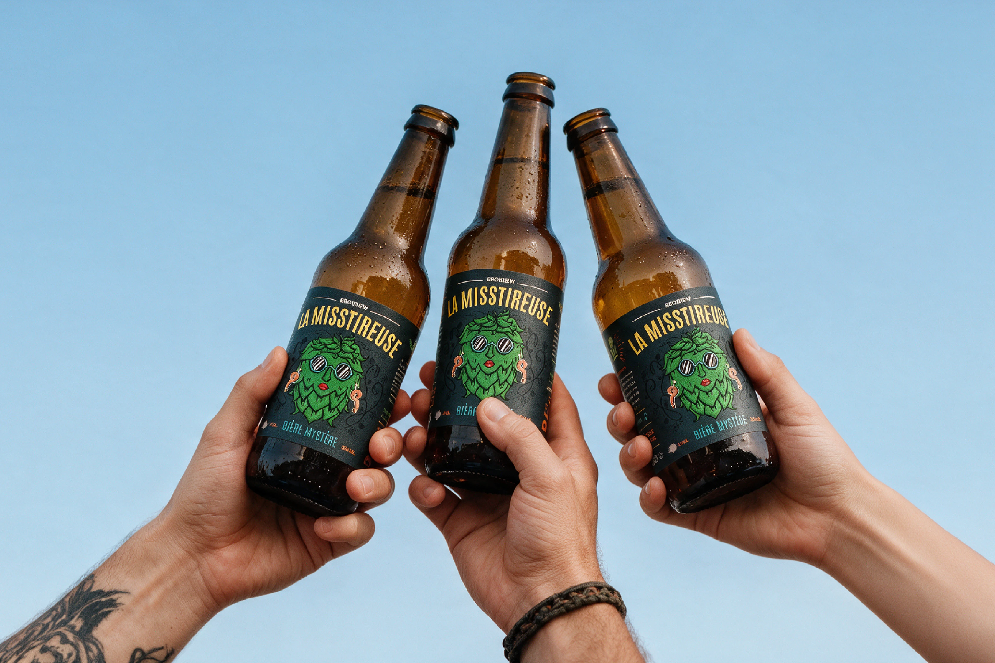 Trois bouteilles La MissTireuse de BroBrew tenues dans les mains, sur un ciel bleu