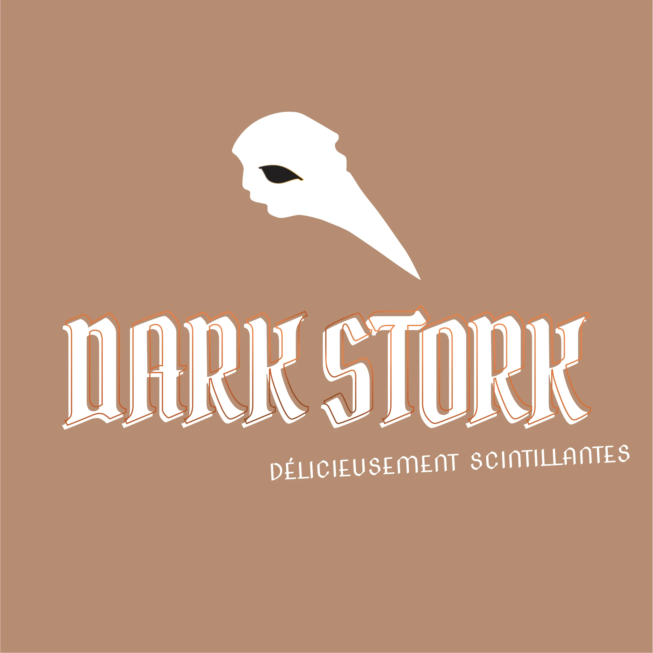 Logo complet Dark Stork sur fond brun