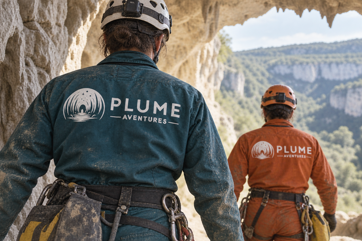 Logo Plume Aventures sur les combinaisons d’un groupe à l’entrée d’une grotte