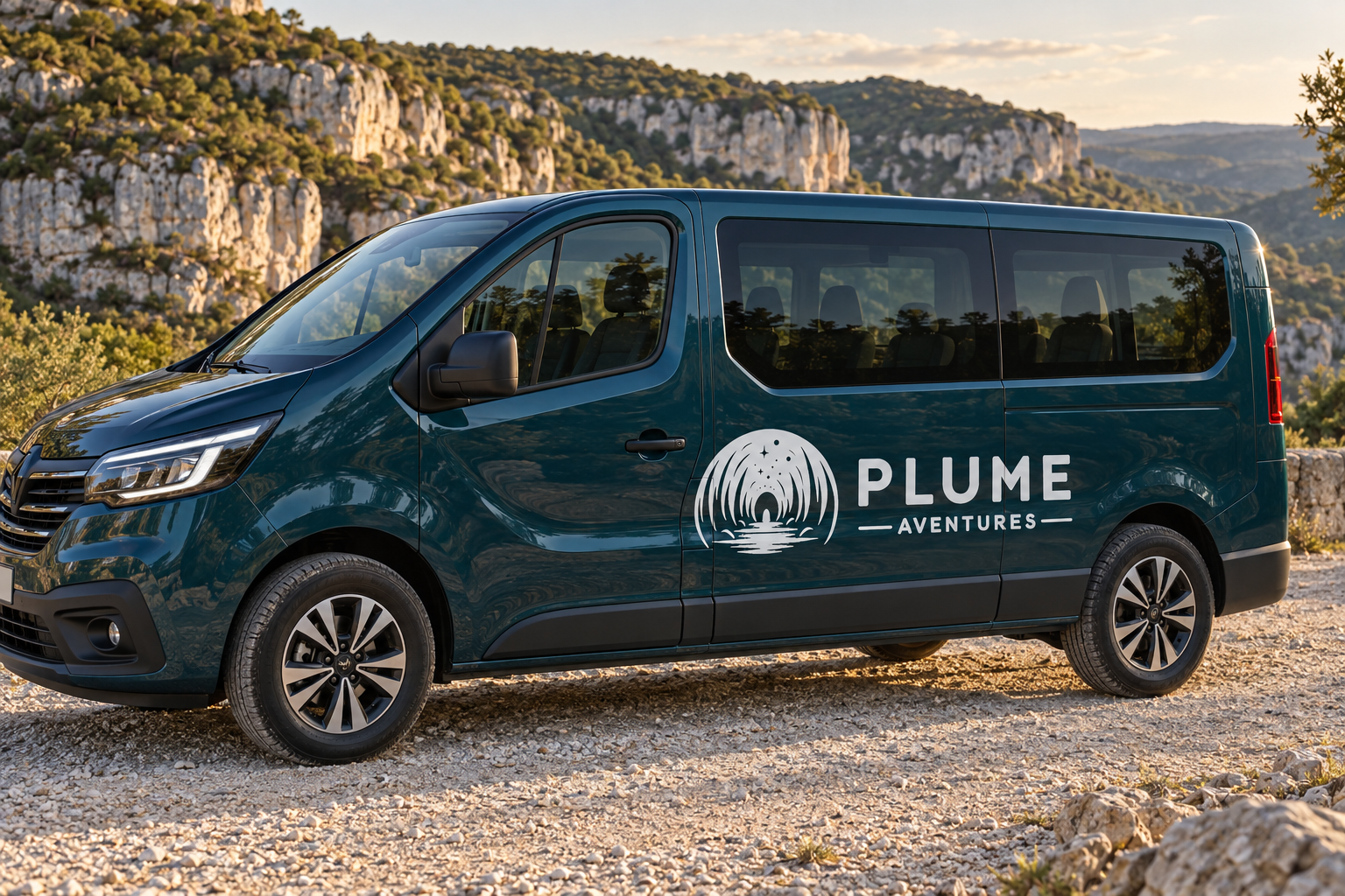 Logo Plume Aventures sur un minivan de transport de clients au départ d’une sortie